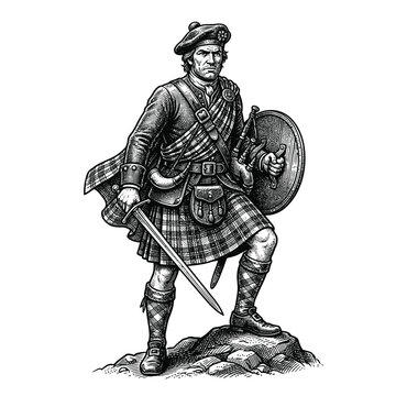 Detailed illustration of a traditional Scottish highlander warrior standing with sword and shield.