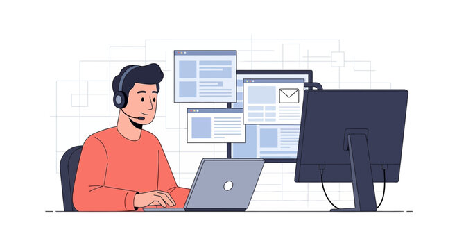 Person with headset working on laptop surrounded by multiple computer screens displaying data and communication interfaces