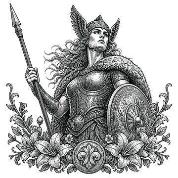 Engraving style illustration of a fierce female warrior with spear and shield.