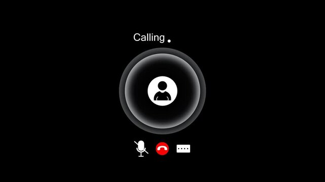 Outgoing voice call screen animation, minimalist smartphone interface layout with calling text on a black background,