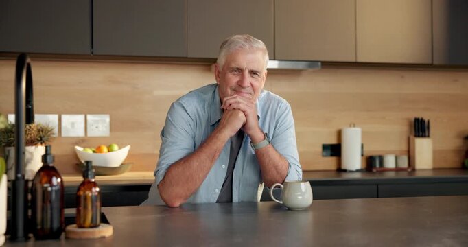 Pride, smile and face of old man in kitchen with retirement, optimism and positive personality. Funny, pensioner and elderly person in home, laughing or happiness with confidence, morning and routine