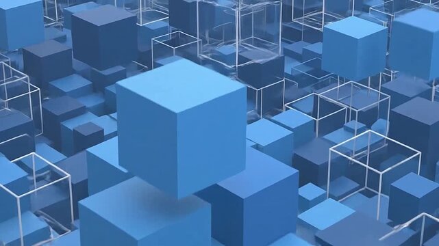 A collection of blue geometric cubes arranged in a modern abstract pattern