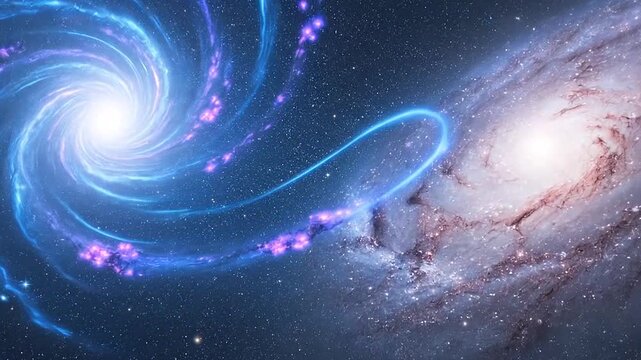Two glowing spiral galaxies collide in the vast darkness of deep outer space