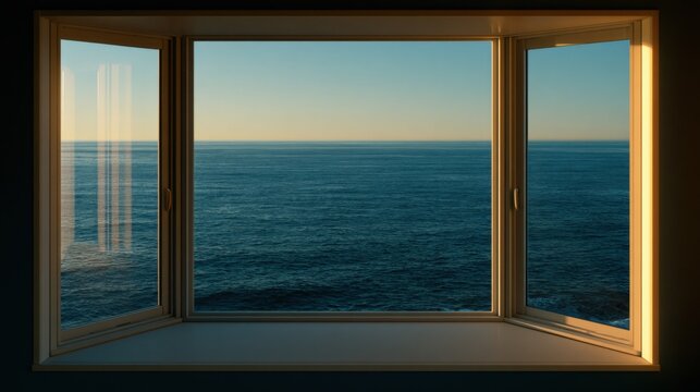 Expansive ocean view through an open bay window at golden hour, tranquil sea horizon