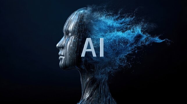 Abstract AI concept with human profile exploding into digital particles and data streams