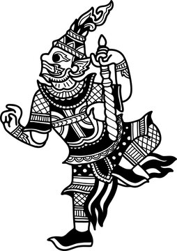 black and white illustration of Thai Shadow puppetry show Giant