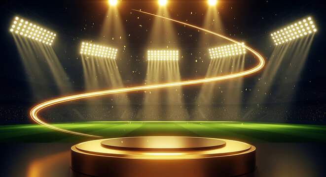 Empty stadium winners podium with bright floodlights at night floodlights competition platform lighting illumination championship spotlight ceremony achievement professional