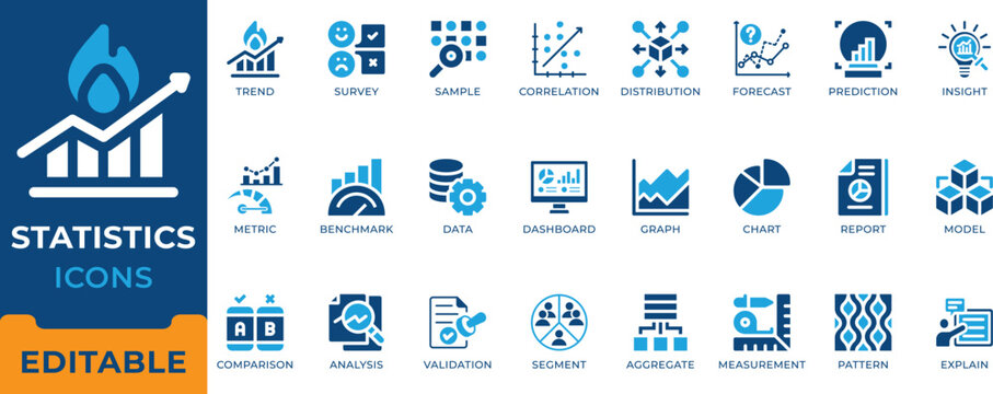Statistics Data Analysis Chart Graph Analytics Icon Set - editable vectors for correlation forecast, metric dashboard, and benchmark report