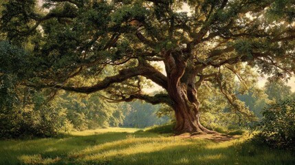 Fototapeta premium Majestic oak tree painting in a sunny meadow. AI generated image