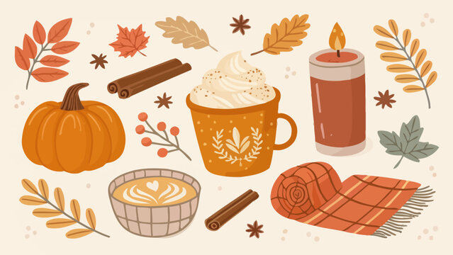 Cozy autumn elements set with pumpkin, hot drinks, cinnamon sticks, candle, plaid blanket and fall leaves hand drawn vector illustration for seasonal decor