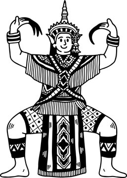 black and white illustration of Thai classical dance Nora