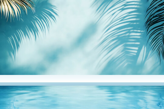 Tropical summer background with plaster wall, pool water and palm shadow. Luxury hotel resort poolside scene mockup template. Beach vacation holiday