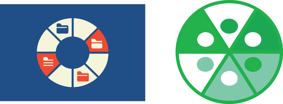 Flat featuring a blue circular diagram with folders and a green circle divided into six segments with dots on a white background