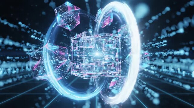 Cinematic floating holographic geometric shapes and light rings in a digital void illustrating advanced augmented reality and virtual technology