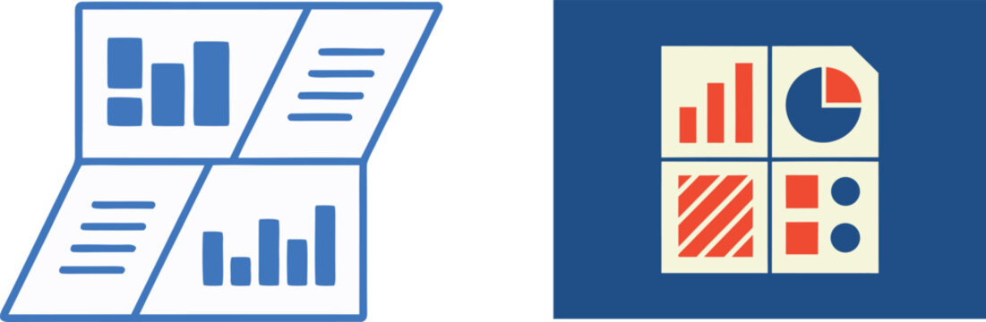 Flat showing a blue document with bar charts and a square with four quadrants containing various data graphs on a white background