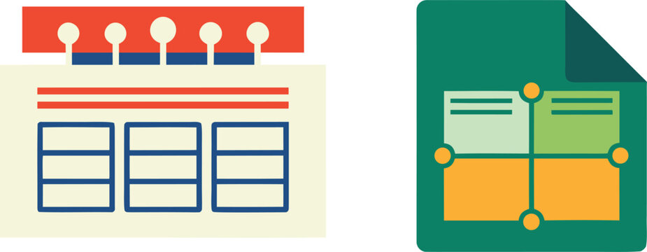 Flat of a calendar with a grid schedule and a document file with a four quadrant matrix chart on a clean white background