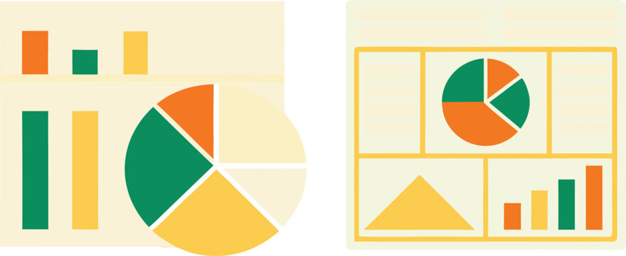 Set of flat showing business data charts including bar graphs and pie charts on a light cream colored background surface