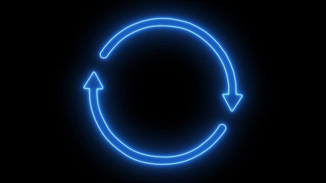 Glowing Blue Neon Circular Arrows Loop Animation on Black Background &ndash; Refresh Reload Sync Technology Concept