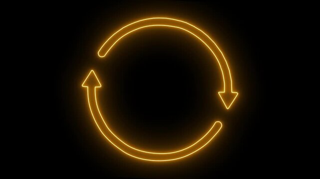 Glowing Orange Neon Circular Arrows Loop Animation on Black Background &ndash; Refresh Reload Sync Technology Concept