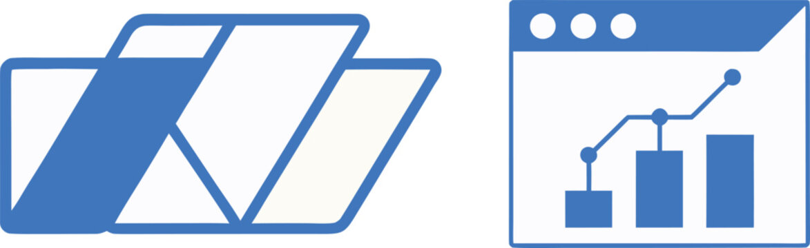 Two flat blue showing a folder with a diagonal stripe and a web browser window with a bar graph on a white background