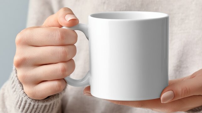 Close-up of person holding a plain white ceramic mug for customizable design