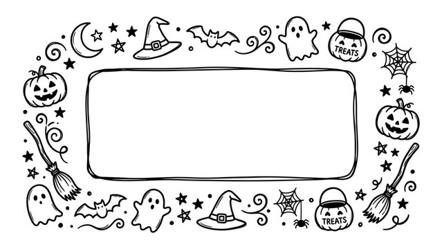 Hand drawn Halloween doodle border with blank copy space pumpkins ghosts and witch hats vector graphic