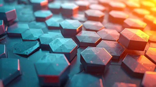 A close up view of metallic hexagonal pillars with warm and cool lighting effects