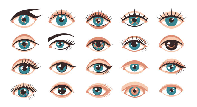 Set of various human eye shapes with different eyelashes and makeup styles isolated on white background.