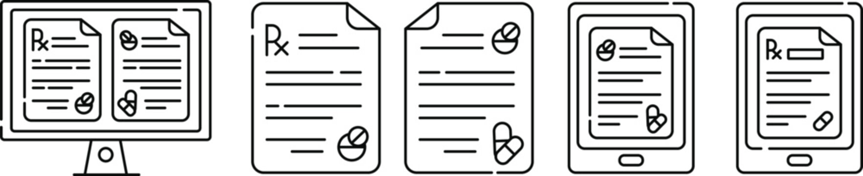 Digital Prescription Icons Set Vector Illustration, Electronic Medical Records Healthcare Documentation and ePrescription Line Art Design