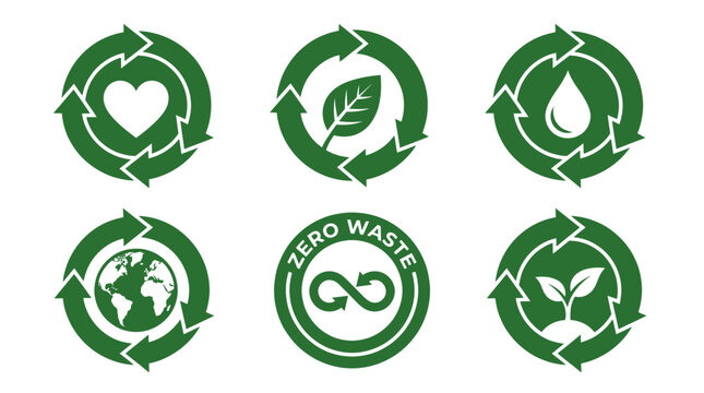Eco Green Recycling Icons Set &ndash; Heart Recycle, Leaf Cycle, Water Drop Recycle, Earth Recycle, Zero Waste Infinity, Plant Recycle Round Arrow Symbol Vector
