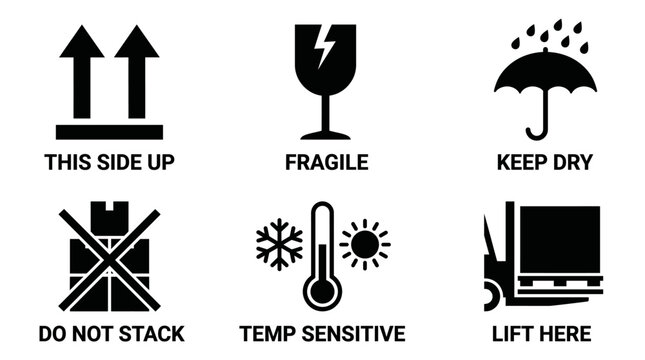 Shipping & Packaging Handling Icons Set &ndash; This Side Up, Fragile, Keep Dry, Do Not Stack, Temp Sensitive, Lift Here Cargo Label Symbol Vector
