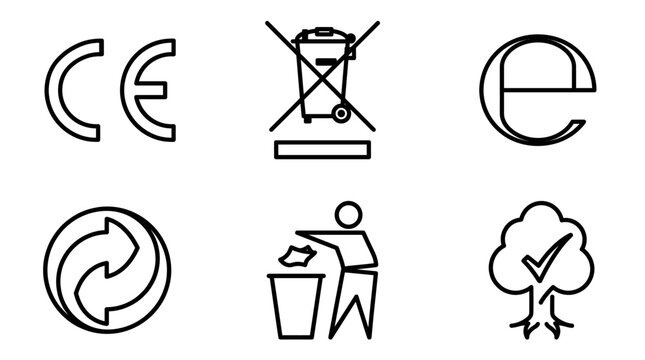 European Compliance & Environment Icons Set &ndash; CE Mark, WEEE, E Mark, Recycling, Tidyman, Green Tree Eco Label Outline Vector