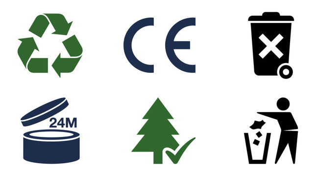 Product Compliance & Environment Icons Set &ndash; Recycle, CE Mark, Waste Bin, 24M PAO, Green Tree Certified, Tidyman Disposal Label Symbol Vector