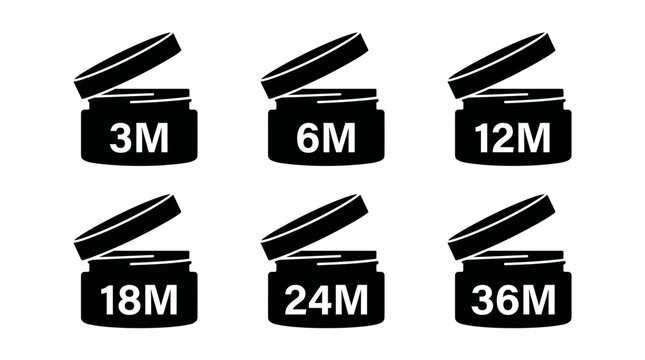 Period After Opening Icons Set &ndash; 3M, 6M, 12M, 18M, 24M, 36M Cosmetic PAO Open Jar Black Glyph Silhouette Symbol Vector