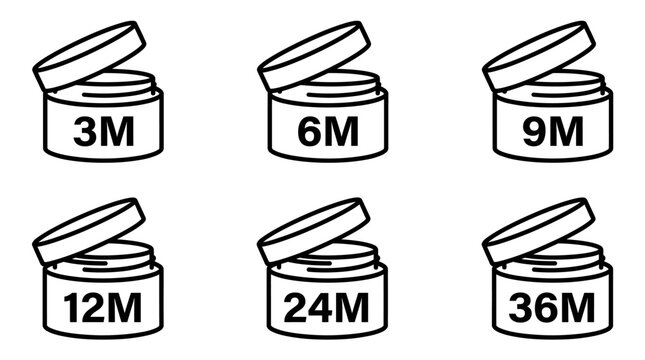 Period After Opening Icons Set &ndash; 3M, 6M, 9M, 12M, 24M, 36M Cosmetic PAO Open Jar Symbol Outline Vector
