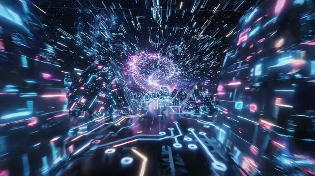 Futuristic digital landscape with floating geometric shapes and neon glowing circuit patterns moving through a virtual reality dimension