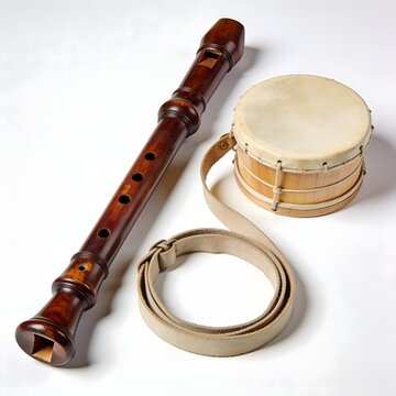 Flabiol and Tambor&iacute; Folk Instrument Pair &mdash; Studio White Flat Lay, Hardwood Fipple Flute, Frame Drum, Andorran Heritage