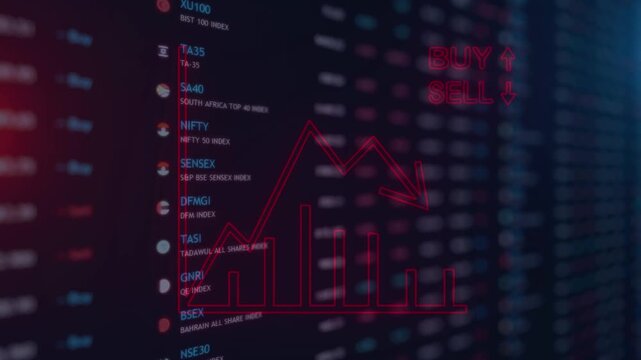 Red downward line graph indicating stock market loss or economic downturn overlaid on global financial ticker data with buy and sell text.