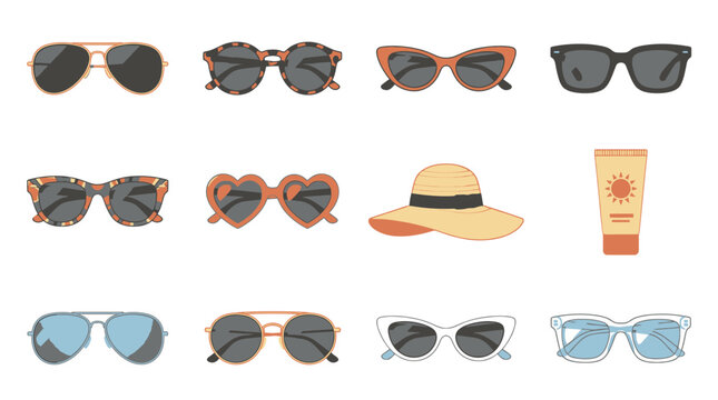 Variety of sunglasses and sun hat.