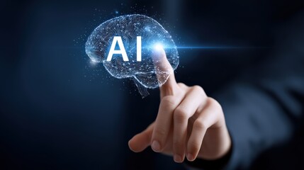 Fototapeta premium Human finger touching glowing AI brain graphic representing artificial intelligence and digital network technology
