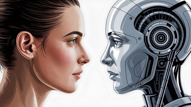 Human and humanoid robot face to face representing artificial intelligence and future human technology collaboration