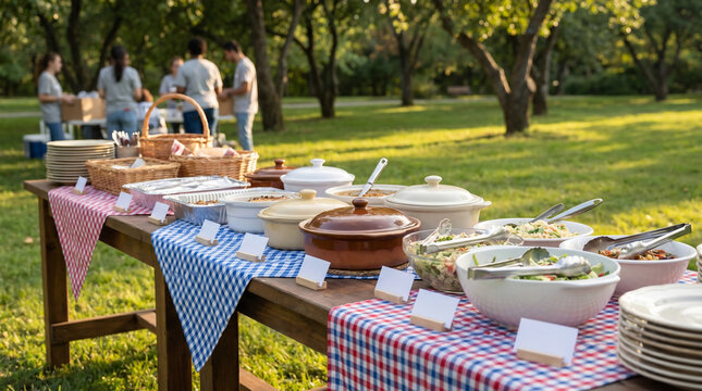 Independence Day community potluck table ready before serving