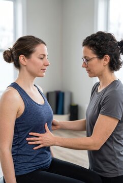 Physiotherapist guiding client through ribcage breathing exercise