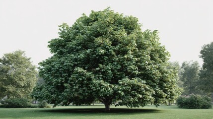 Fototapeta premium Large round-canopy deciduous tree in a park. AI generated image