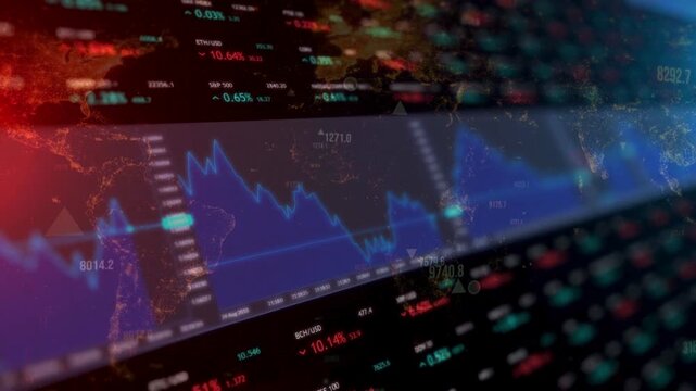 Digital world map overlaid with a rising candlestick chart, representing global financial markets and international trading.