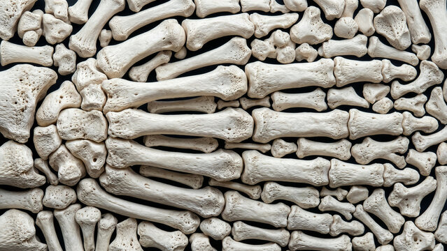 Human Hand Skeleton Bones Anatomy on Black Background, Carpal Metacarpal and Finger Phalange Bone Structure Top View