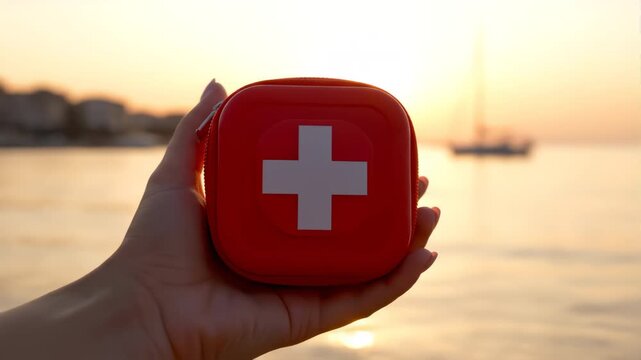 A hand holds a small red first aid kit with a white cross symbol