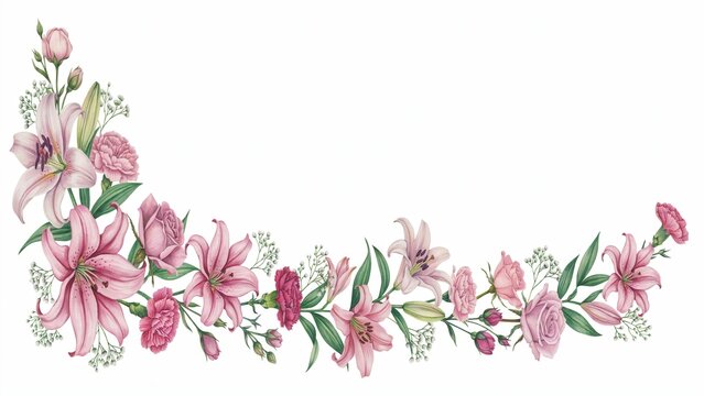 Watercolor pink lilies roses and carnations floral border isolated on white background