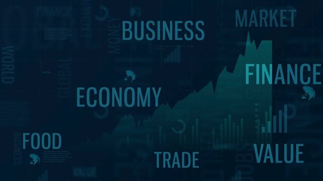 Digital dashboard displaying blue financial line graphs, stock market data, and a glowing world map overlay.