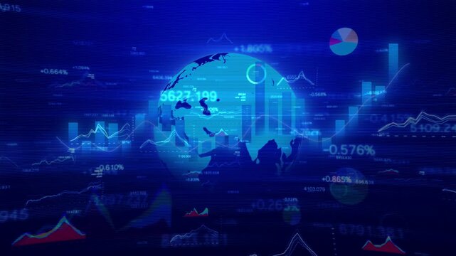 Glowing blue upward line graph showing financial growth and economic recovery, surrounded by business typography.